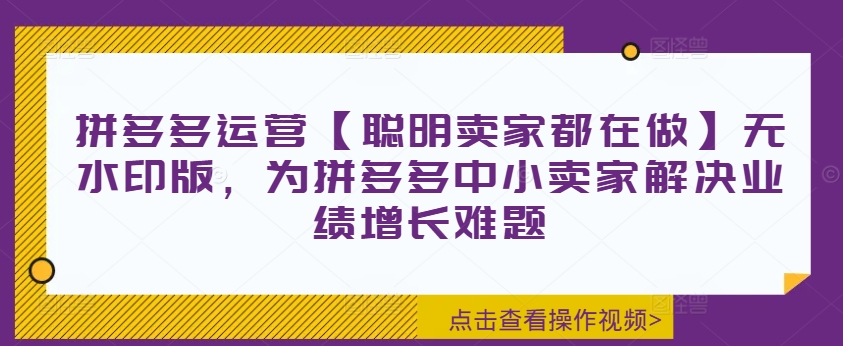 拼多多运营【聪明卖家都在做】无水印版，为拼多多中小卖家解决业绩增长难题 - 创业宝库：赚钱源码、精品项目、创业机会、软件教程、网络营销指南-创业宝库：赚钱源码、精品项目、创业机会、软件教程、网络营销指南